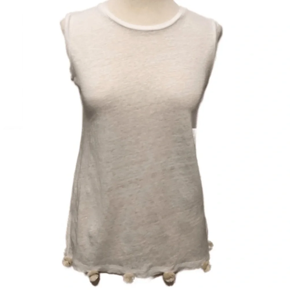 Linen Tank Top J Crew Pom Pom Fringe Neutral All Season Off White Cream Size XL